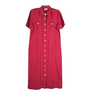 Vintage Linen Blend Maxi Dress Red Button Up Short Sleeve Collar Womens 16 XL